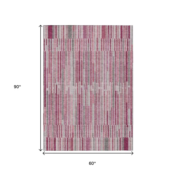 5' X 8' Blush And Ivory Striped Washable Indoor Outdoor Area Rug