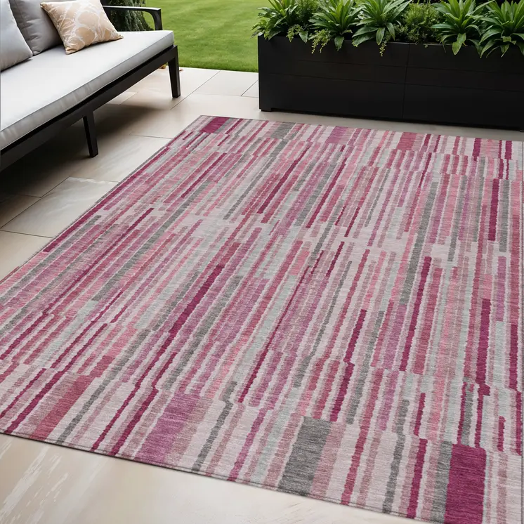 5' X 8' Blush And Ivory Striped Washable Indoor Outdoor Area Rug