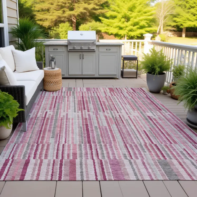 5' X 8' Blush And Ivory Striped Washable Indoor Outdoor Area Rug