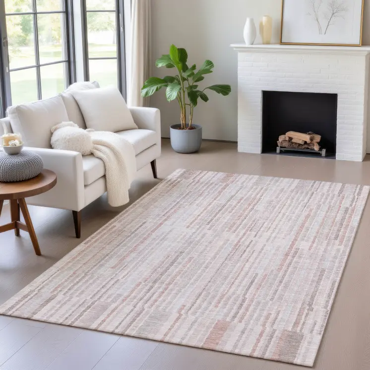 5' X 8' Coral And Beige Striped Washable Indoor Outdoor Area Rug