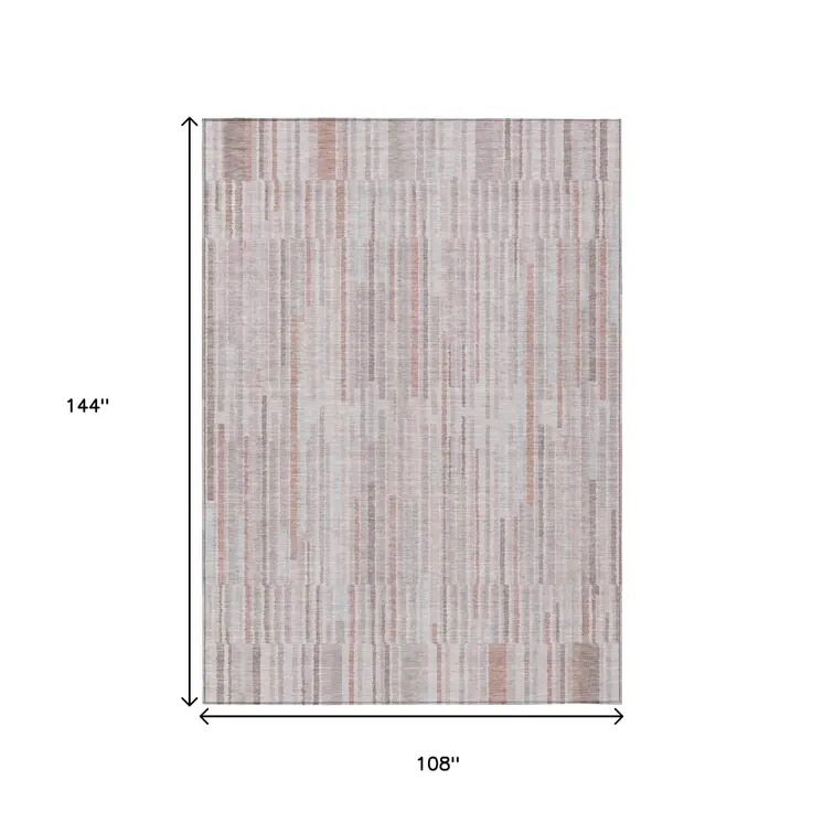 9' X 12' Coral And Beige Striped Washable Indoor Outdoor Area Rug