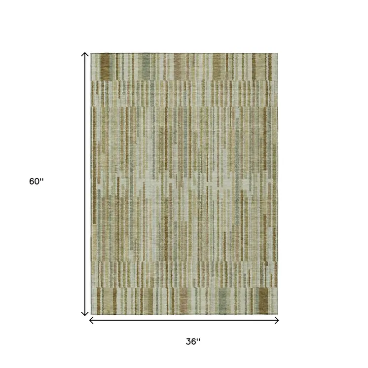 3' X 5' Khaki And Olive Green Striped Washable Indoor Outdoor Area Rug
