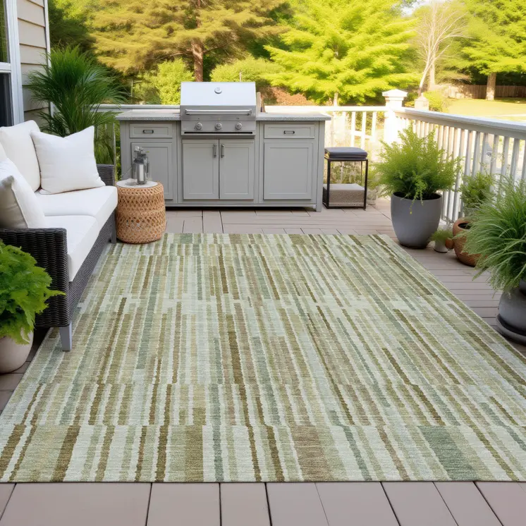 3' X 5' Khaki And Olive Green Striped Washable Indoor Outdoor Area Rug