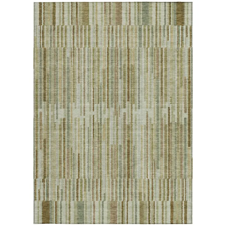 5' X 8' Khaki And Olive Green Striped Washable Indoor Outdoor Area Rug