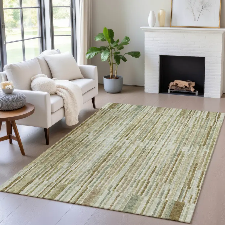 5' X 8' Khaki And Olive Green Striped Washable Indoor Outdoor Area Rug