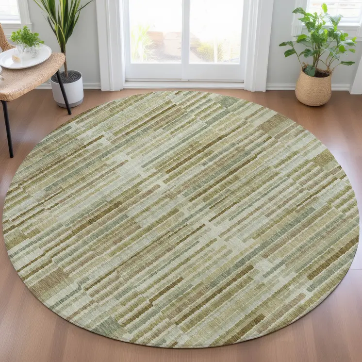 8' Khaki And Olive Green Round Striped Washable Indoor Outdoor Area Rug