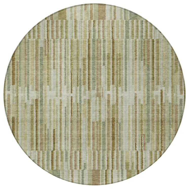 8' Khaki And Olive Green Round Striped Washable Indoor Outdoor Area Rug