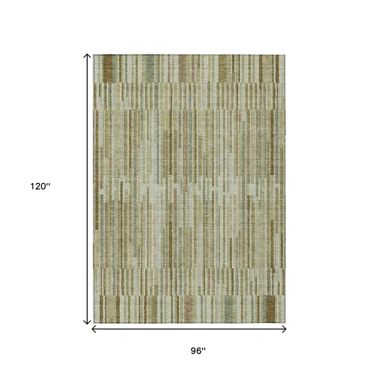 8' X 10' Khaki And Olive Green Striped Washable Indoor Outdoor Area Rug