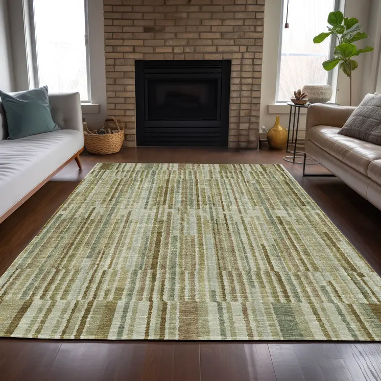 8' X 10' Khaki And Olive Green Striped Washable Indoor Outdoor Area Rug