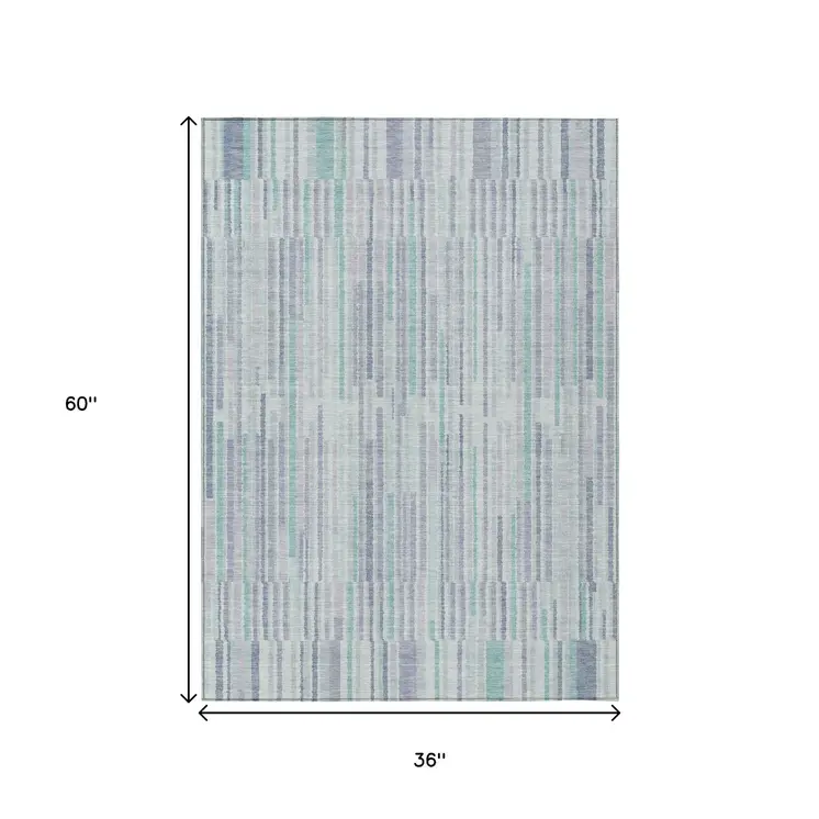 3' X 5' Mint Green And Ivory Striped Washable Indoor Outdoor Area Rug