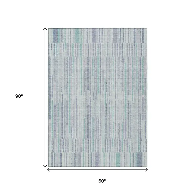 5' X 8' Mint Green And Ivory Striped Washable Indoor Outdoor Area Rug