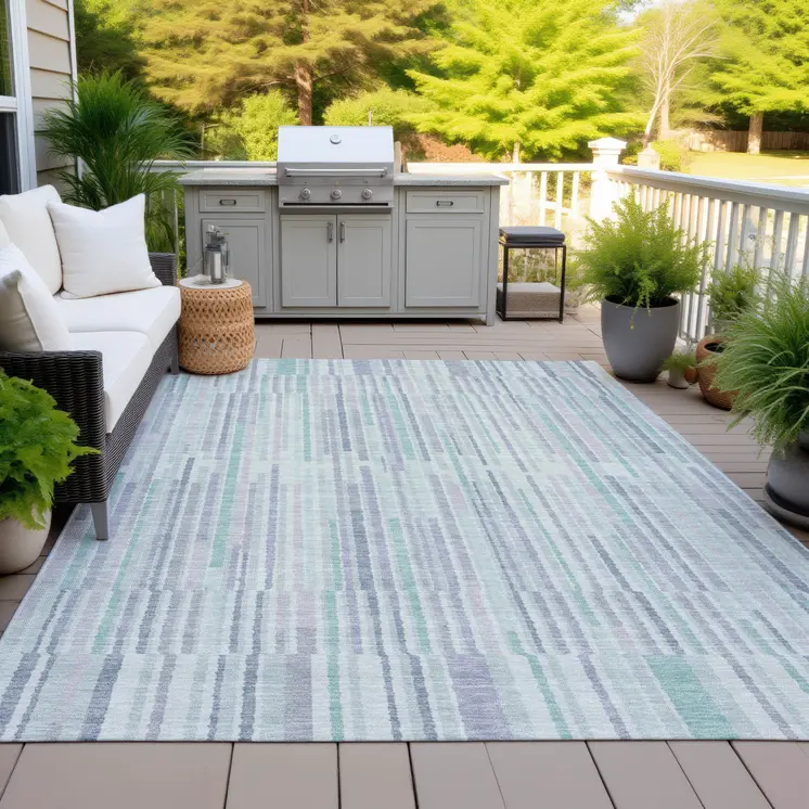 5' X 8' Mint Green And Ivory Striped Washable Indoor Outdoor Area Rug
