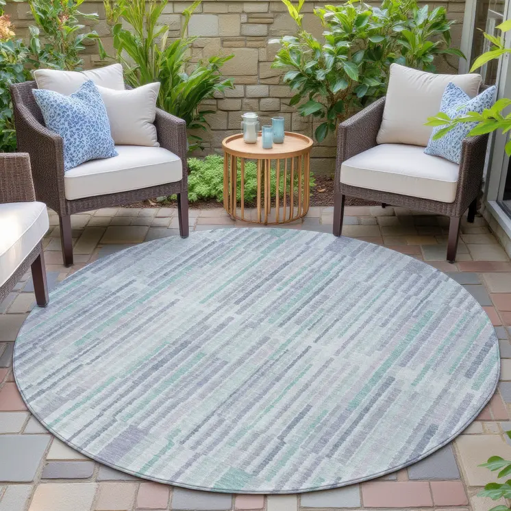 8' Mint Green And Ivory Round Striped Washable Indoor Outdoor Area Rug