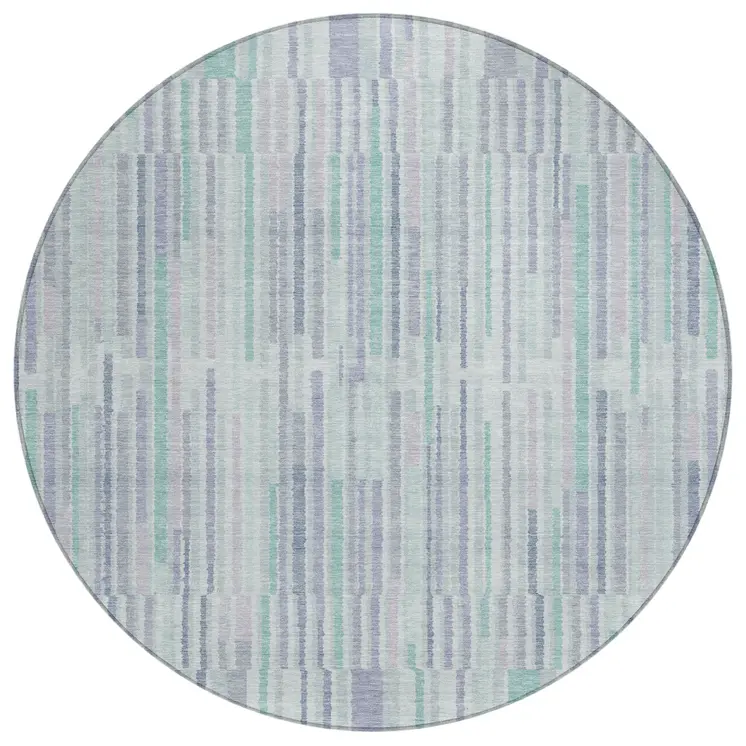 8' Mint Green And Ivory Round Striped Washable Indoor Outdoor Area Rug