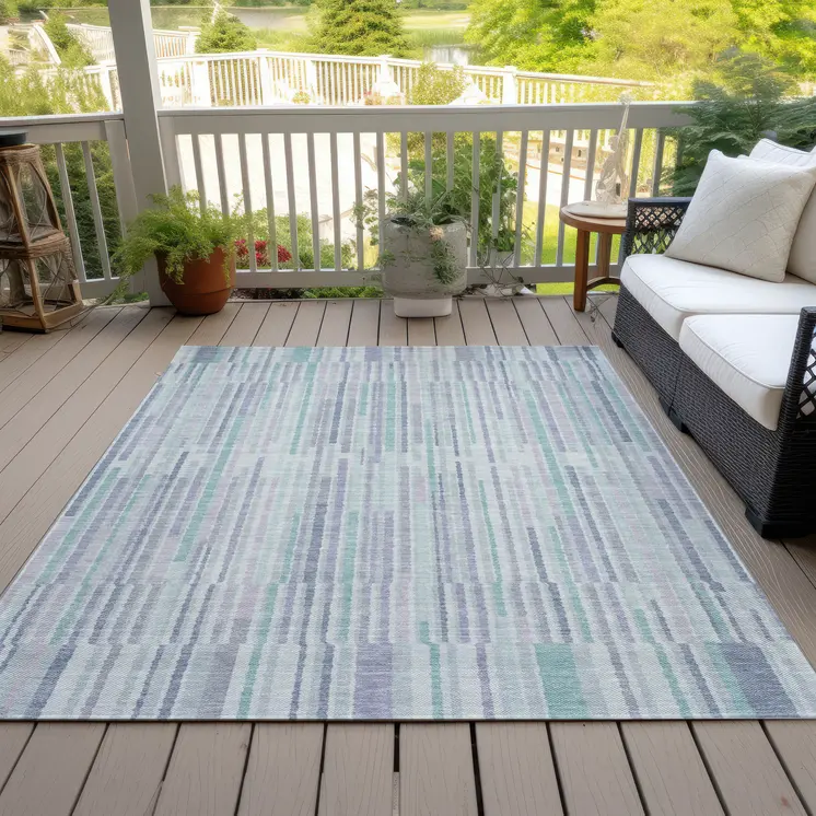 9' X 12' Mint Green And Ivory Striped Washable Indoor Outdoor Area Rug