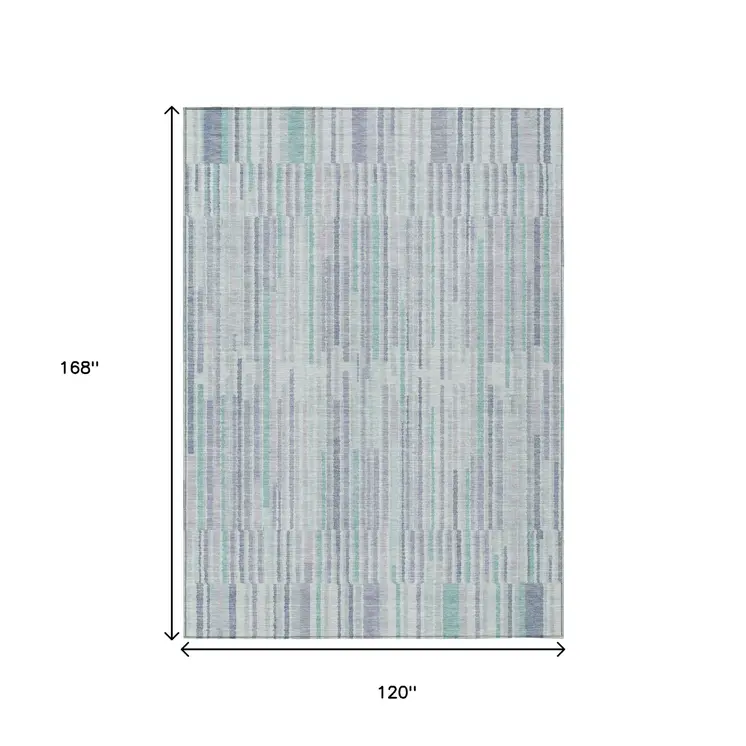 10' X 14' Mint Green And Ivory Striped Washable Indoor Outdoor Area Rug