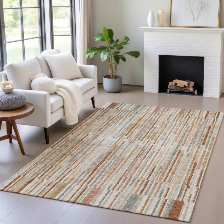 5' X 8' Rust And Ivory Striped Washable Indoor Outdoor Area Rug
