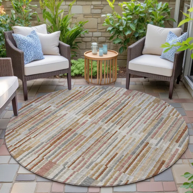 8' Rust And Ivory Round Striped Washable Indoor Outdoor Area Rug