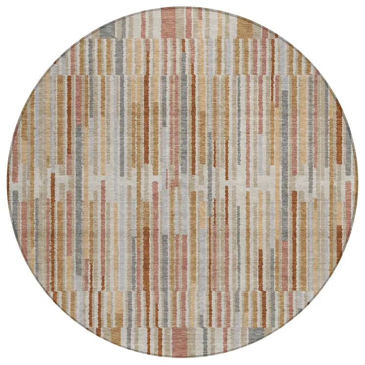 8' Rust And Ivory Round Striped Washable Indoor Outdoor Area Rug