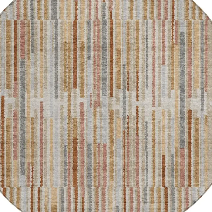 8' Rust And Ivory Round Striped Washable Indoor Outdoor Area Rug
