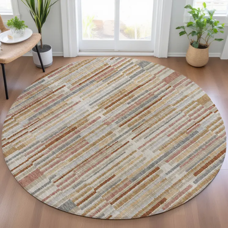 8' Rust And Ivory Round Striped Washable Indoor Outdoor Area Rug