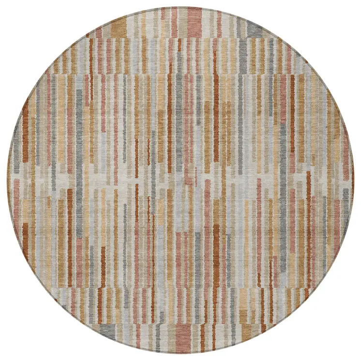 8' Rust And Ivory Round Striped Washable Indoor Outdoor Area Rug