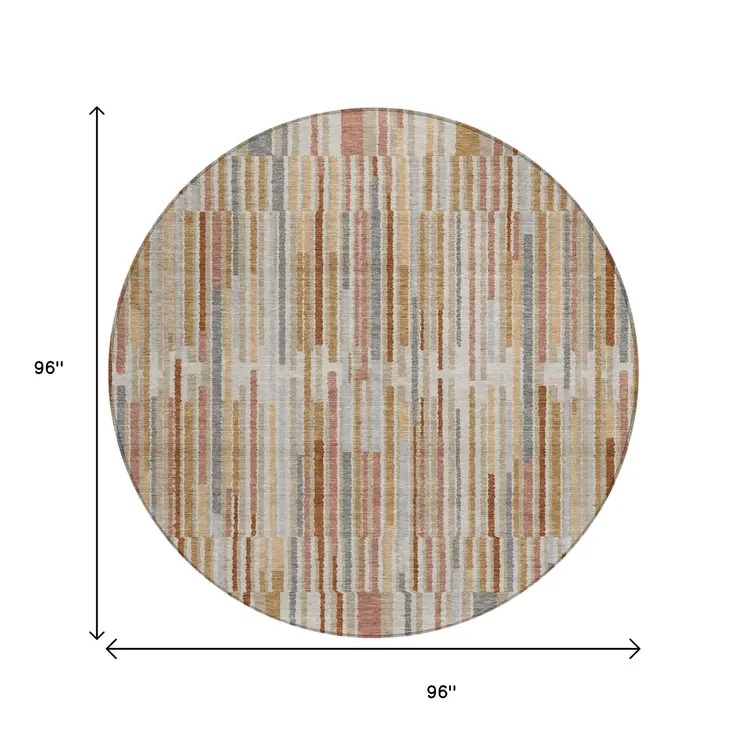 8' Rust And Ivory Round Striped Washable Indoor Outdoor Area Rug