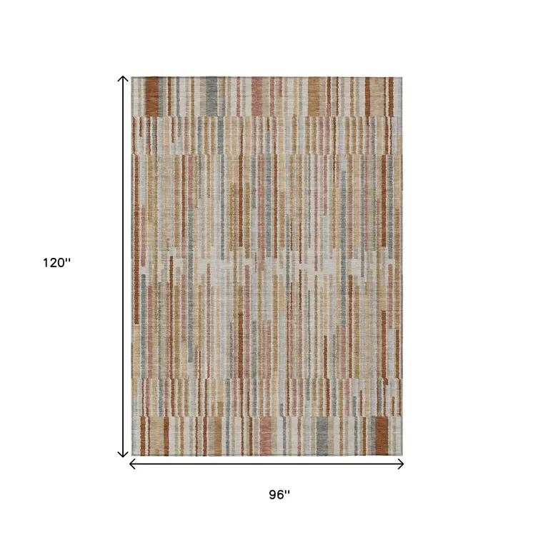 8' X 10' Rust And Ivory Striped Washable Indoor Outdoor Area Rug