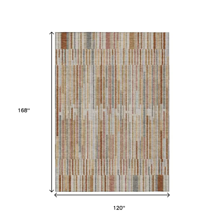 10' X 14' Rust And Ivory Striped Washable Indoor Outdoor Area Rug