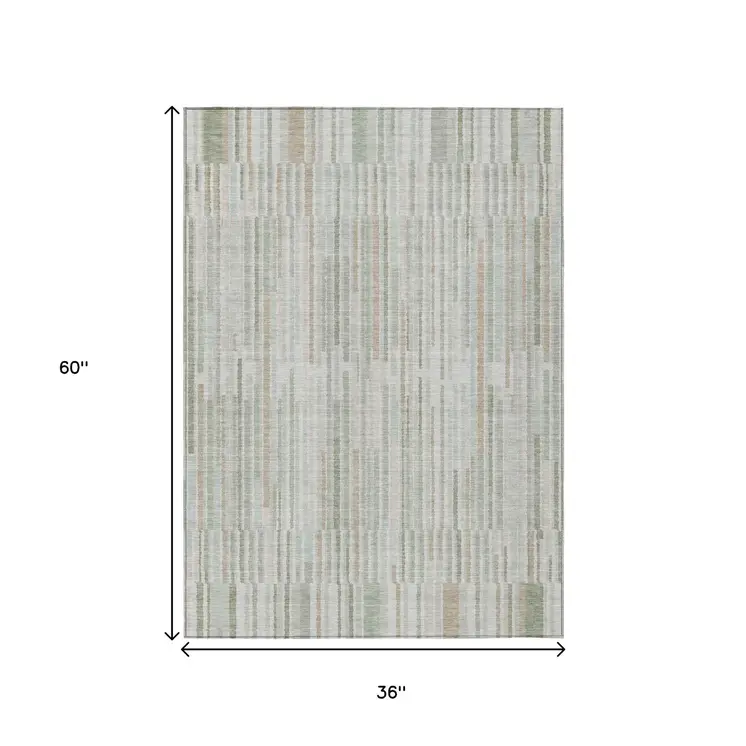 3' X 5' Sage And Ivory Striped Washable Indoor Outdoor Area Rug