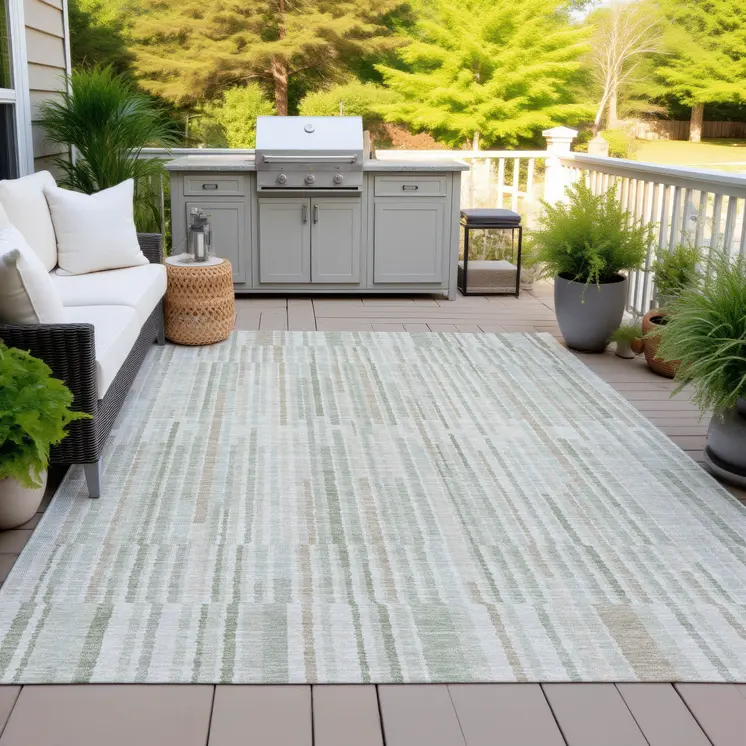 3' X 5' Sage And Ivory Striped Washable Indoor Outdoor Area Rug