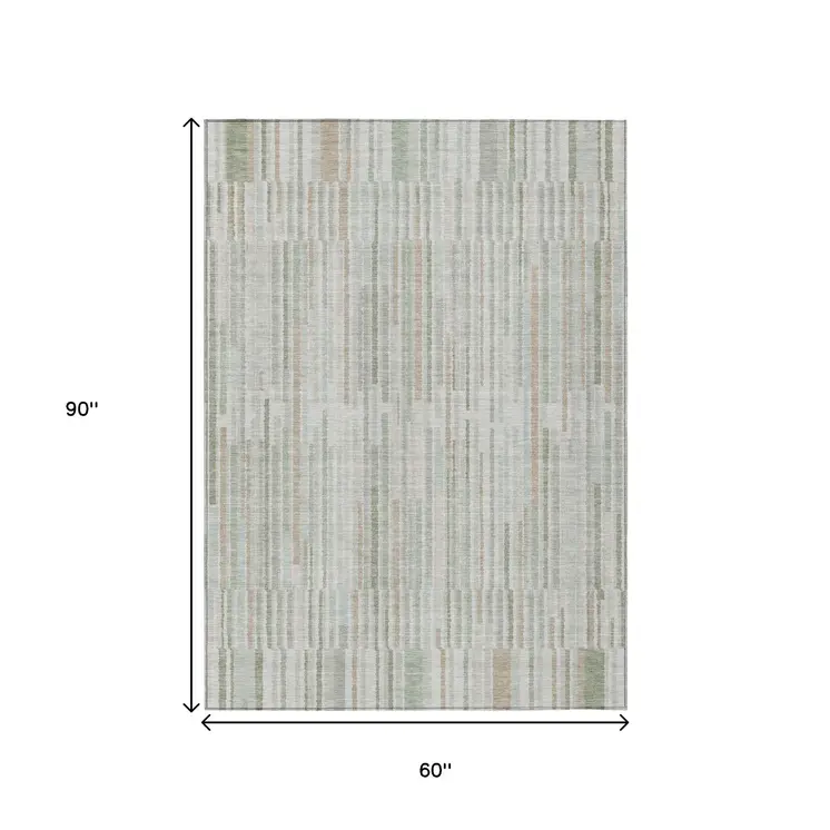 5' X 8' Sage And Ivory Striped Washable Indoor Outdoor Area Rug