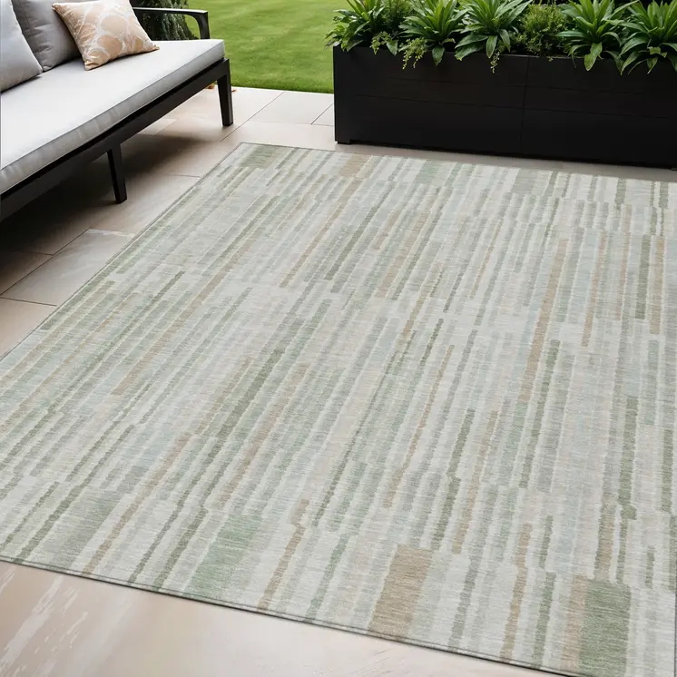 5' X 8' Sage And Ivory Striped Washable Indoor Outdoor Area Rug