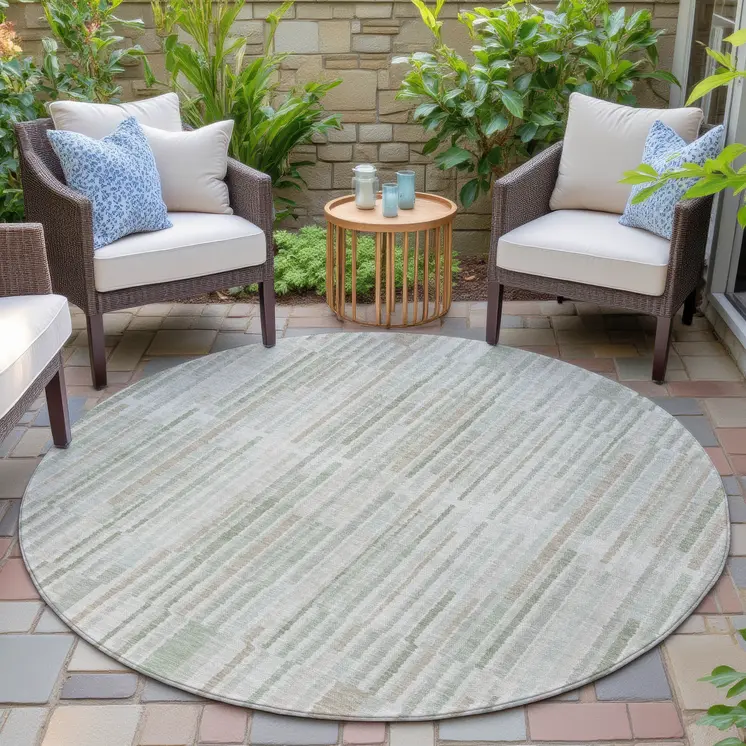 8' Sage And Ivory Round Striped Washable Indoor Outdoor Area Rug