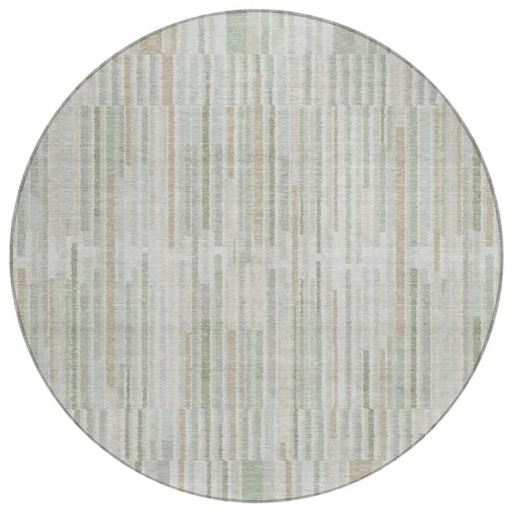 8' Sage And Ivory Round Striped Washable Indoor Outdoor Area Rug