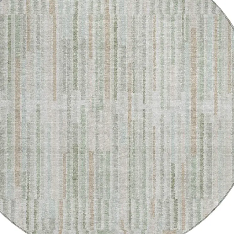 8' Sage And Ivory Round Striped Washable Indoor Outdoor Area Rug