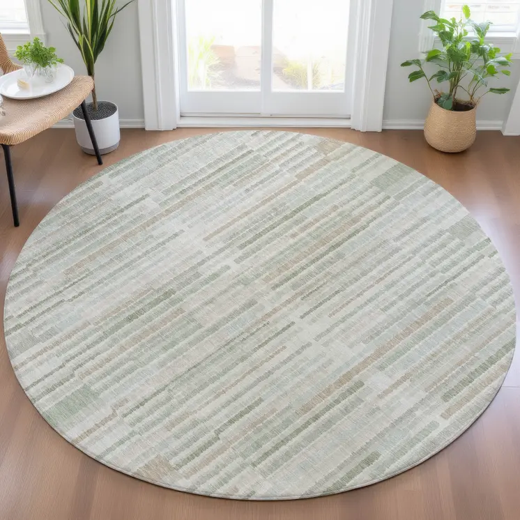 8' Sage And Ivory Round Striped Washable Indoor Outdoor Area Rug