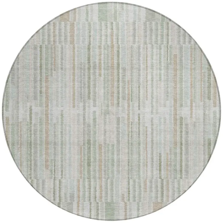 8' Sage And Ivory Round Striped Washable Indoor Outdoor Area Rug