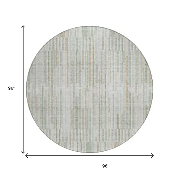 8' Sage And Ivory Round Striped Washable Indoor Outdoor Area Rug