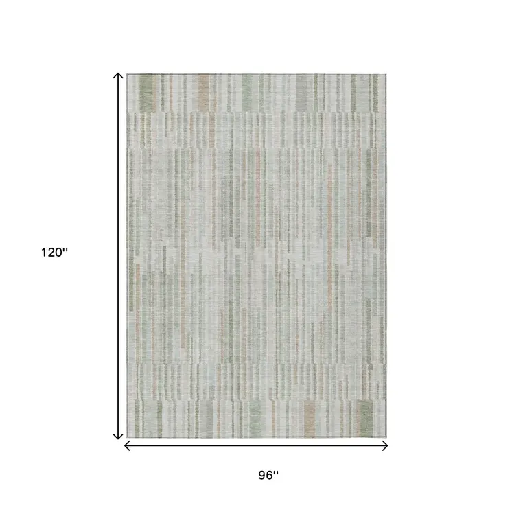 8' X 10' Sage And Ivory Striped Washable Indoor Outdoor Area Rug