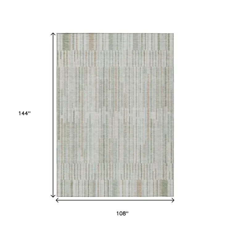 9' X 12' Sage And Ivory Striped Washable Indoor Outdoor Area Rug