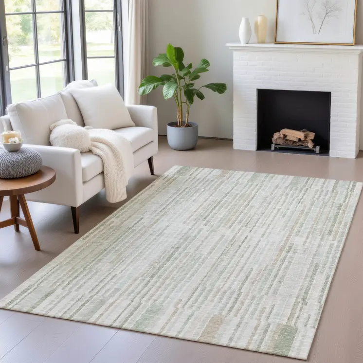 9' X 12' Sage And Ivory Striped Washable Indoor Outdoor Area Rug