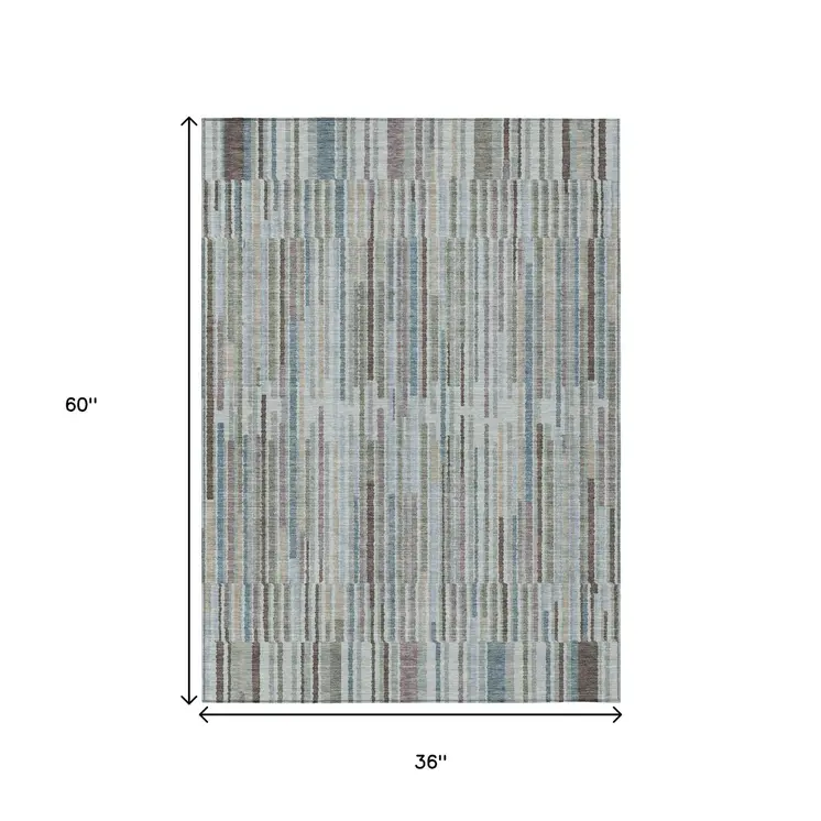 3' X 5' Teal Blue And Brown Striped Washable Indoor Outdoor Area Rug