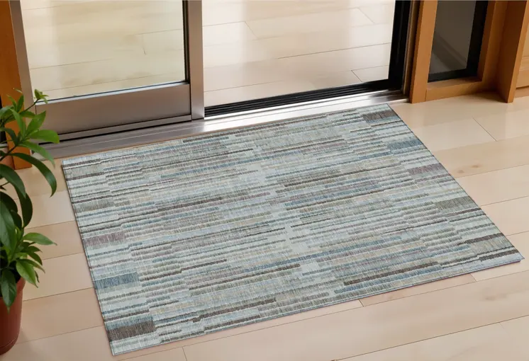 3' X 5' Teal Blue And Brown Striped Washable Indoor Outdoor Area Rug
