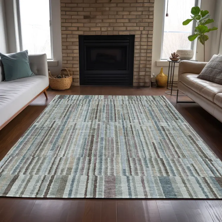 3' X 5' Teal Blue And Brown Striped Washable Indoor Outdoor Area Rug