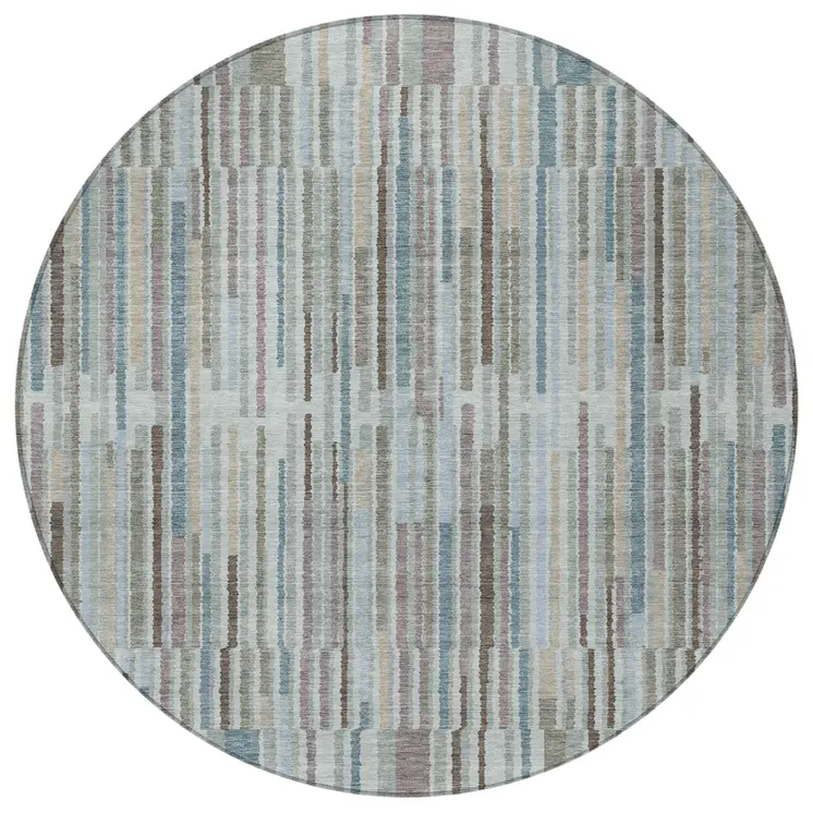 8' Teal Blue And Brown Round Striped Washable Indoor Outdoor Area Rug