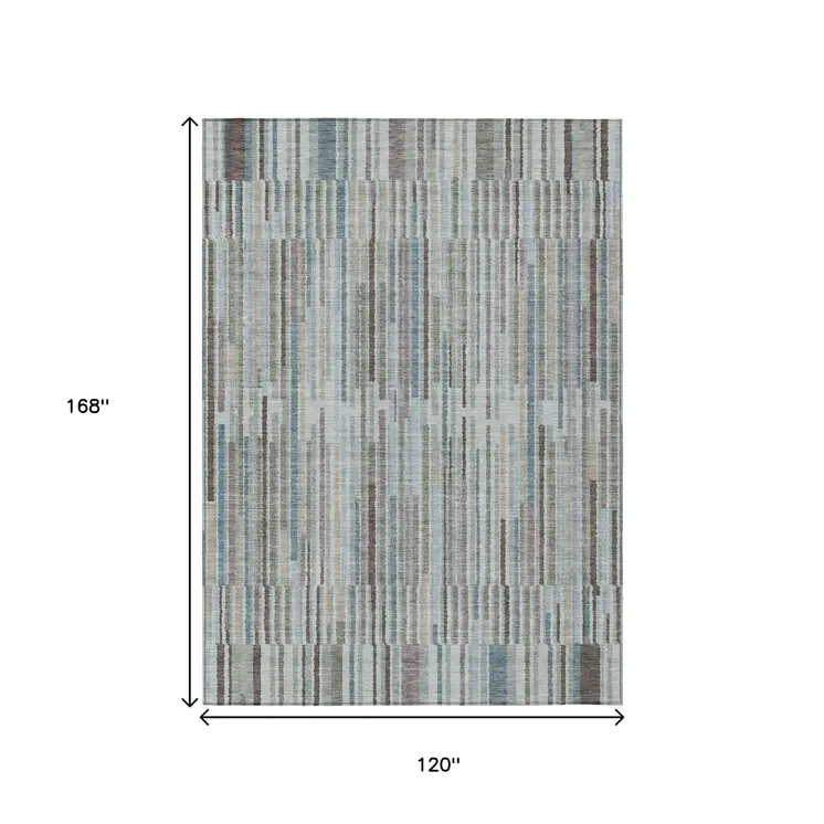 10' X 14' Teal Blue And Brown Striped Washable Indoor Outdoor Area Rug