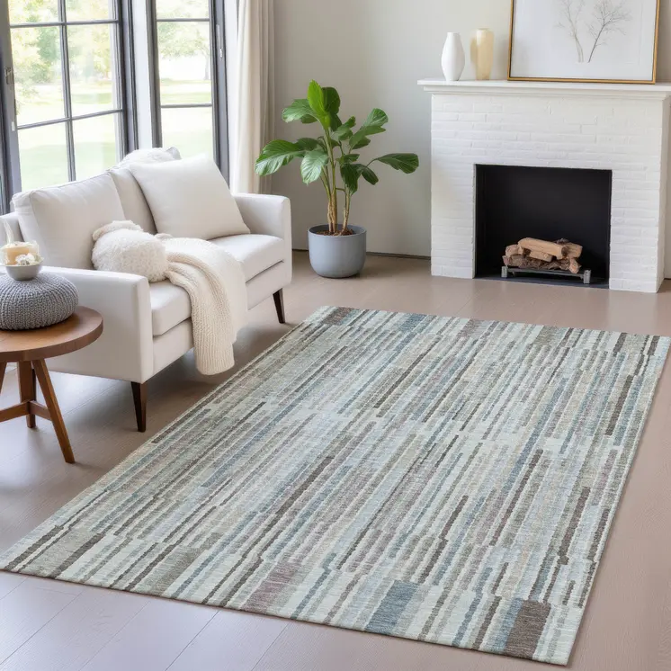 10' X 14' Teal Blue And Brown Striped Washable Indoor Outdoor Area Rug