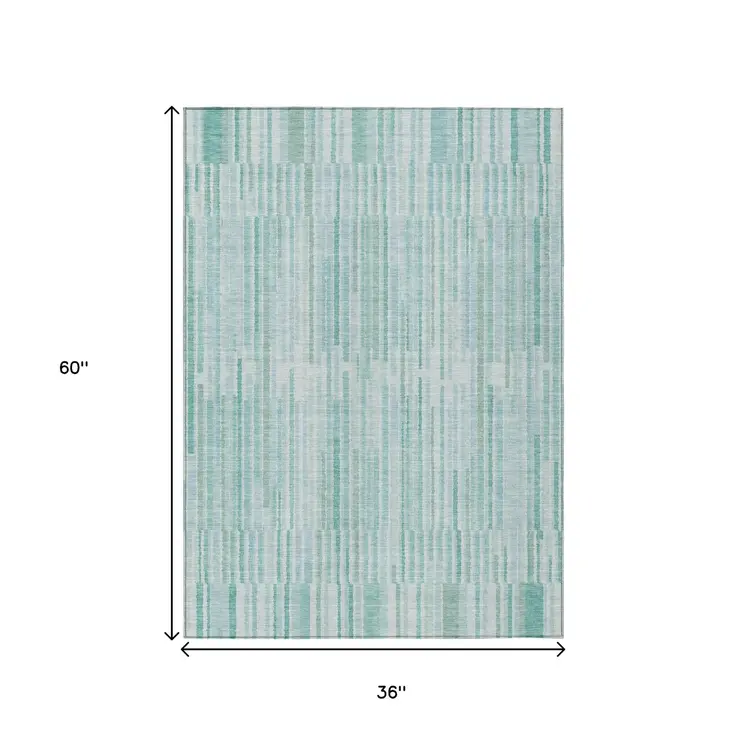 3' X 5' Turquoise And Pale Aqua Striped Washable Indoor Outdoor Area Rug