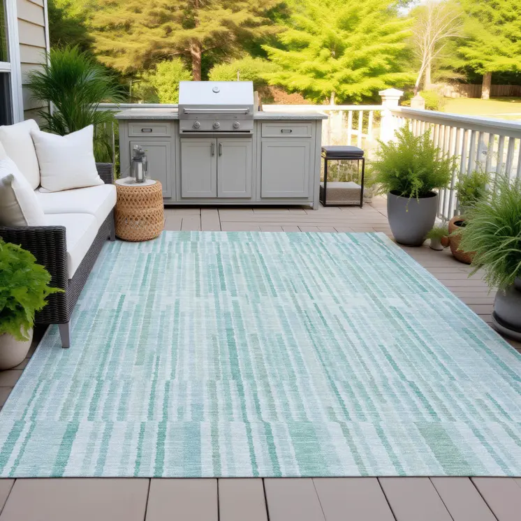 3' X 5' Turquoise And Pale Aqua Striped Washable Indoor Outdoor Area Rug